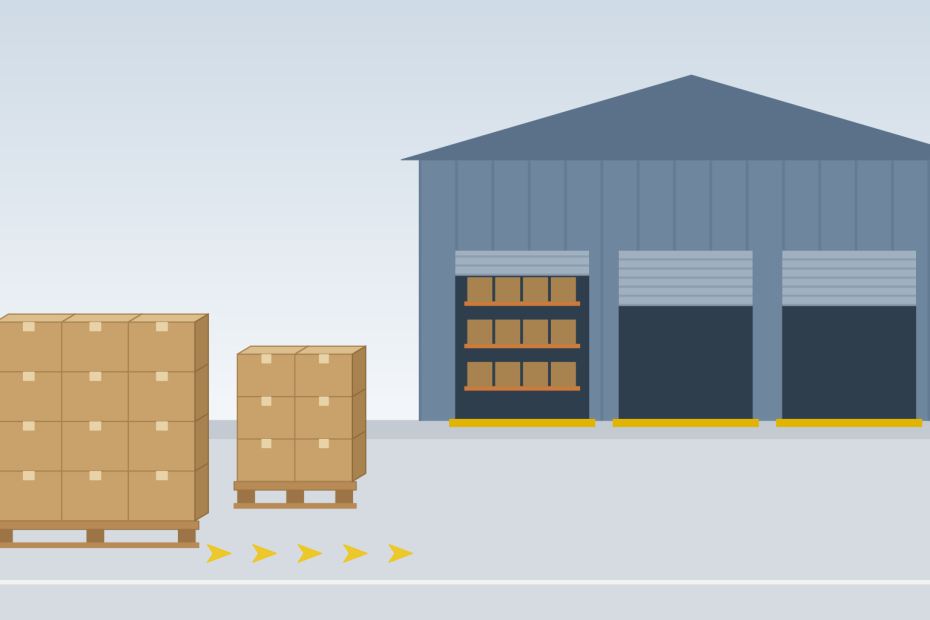 Stacked shipping cartons on pallets heading into the loading dock doors of a fulfillment warehouse